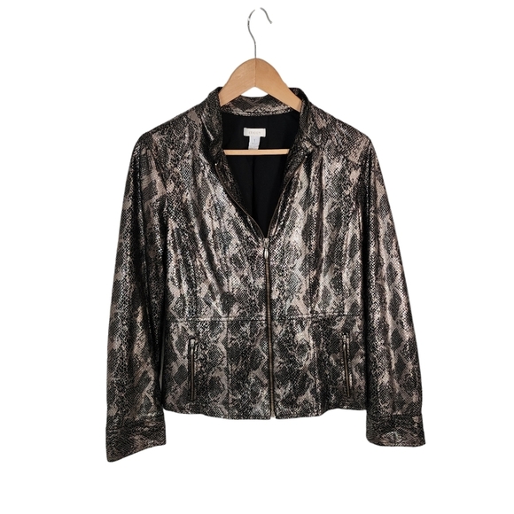 Chico’s Snakeskin Print Metallic gold black zip up womens Jacket size 1 medium - Picture 1 of 8